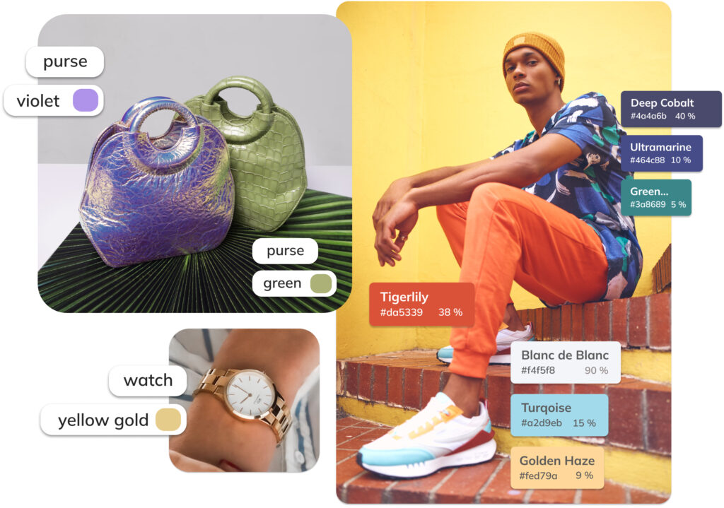 Ximilar provides the main RGB color of the dominant product and a palette of main Pantone colors, with their names, Hex codes, and percentage coverage.