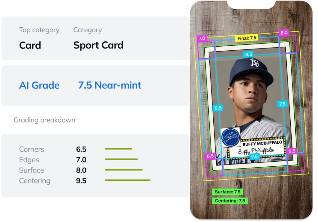 Visual AI for collectibles by Ximilar: automatic surface defects' detection on a collectible baseball card.