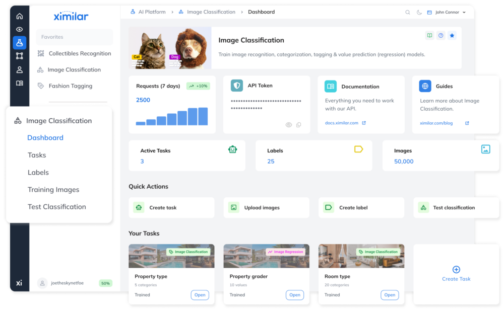 The service dashboards in&nbsp;the Ximilar App show service-specific data. In&nbsp;this case, requests, documentation, overview cards, quick actions, guides, as&nbsp;well as&nbsp;all your tasks and labels.