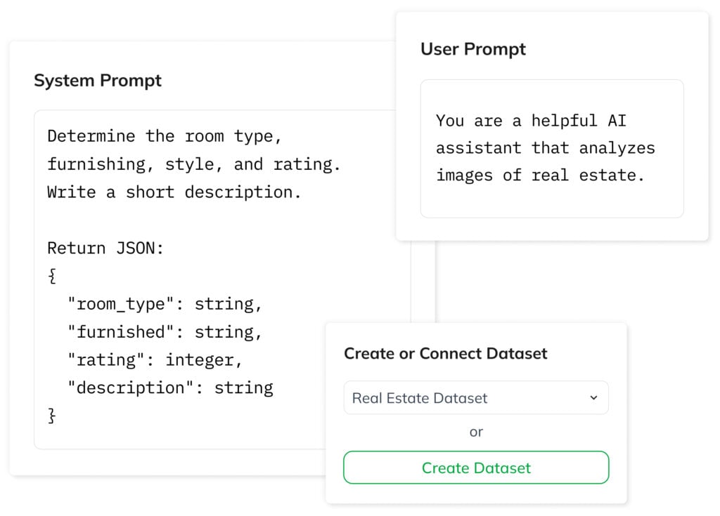 Start by&nbsp;defining your task using the wizard. A&nbsp;task defines the model architecture, links your datasets, and controls the training process. Set the model’s behavior and rules with a&nbsp;user prompt, and define the input structure using a&nbsp;system prompt.